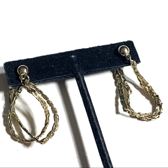 Double Twisted Herringbone Chain Hoop Front Back Earrings Gold Tone Pierced Ears - Picture 4 of 6